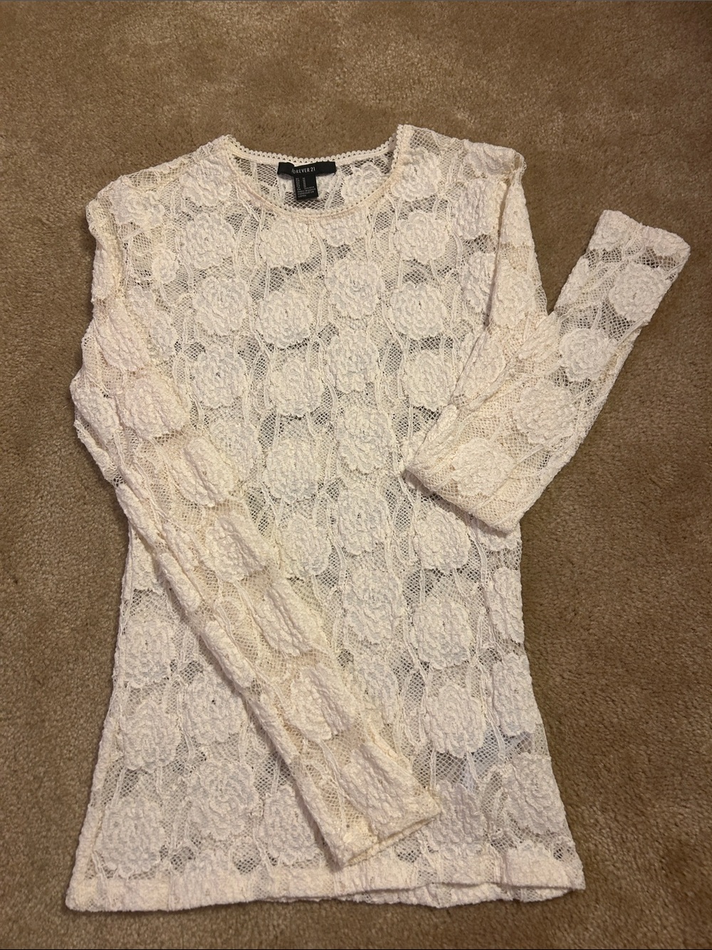 Forever 21 Cream Floral Lace Long Sleeve Top